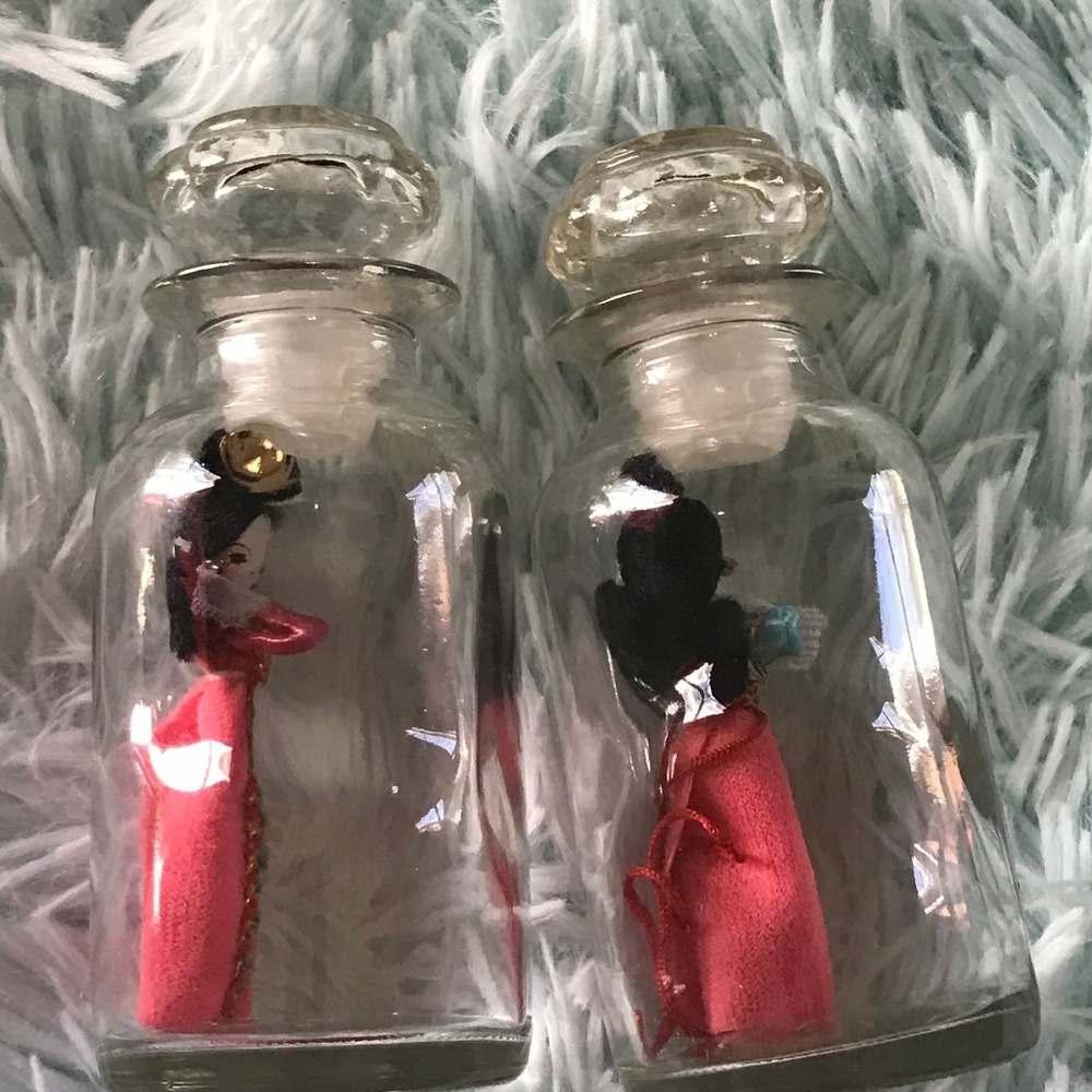 Vintage Clear Korean Folk Dolls Bottle with Topper